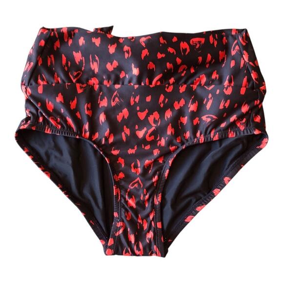 ModCloth NIP Clarice High-Waisted Bikini Bottom Black Red Cheetah Extra Small - Picture 2 of 13